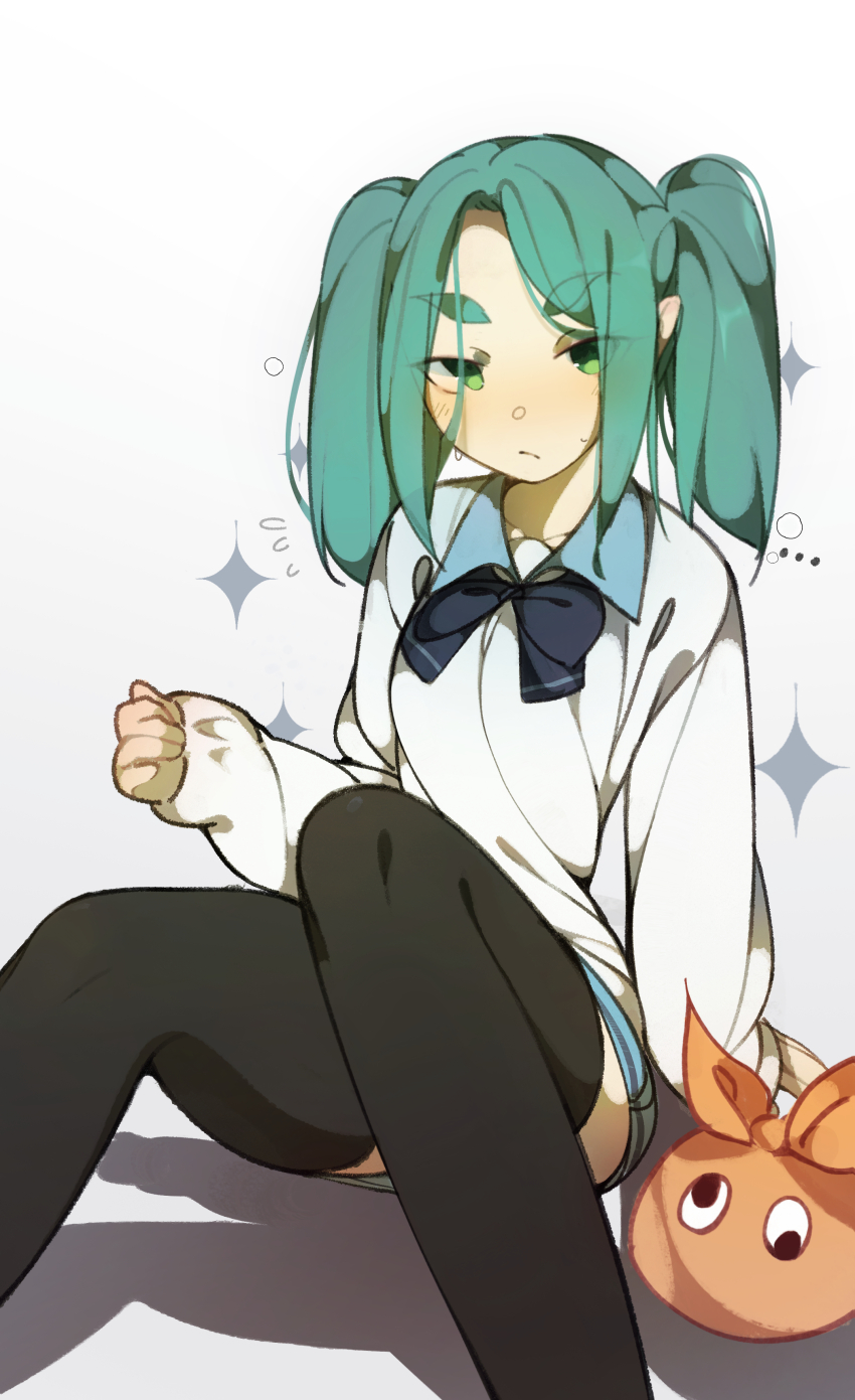 ... 1girl absurdres aqua_hair black_thighhighs blouse blue_bow blue_bowtie blue_sailor_collar blue_skirt bow bowtie closed_mouth commentary cosplay deko_morii diamond_(shape) dot_nose flying_sweatdrops green_eyes highres hikimayu light_blush long_sleeves looking_at_viewer medium_hair monogatari_(series) ononoki_yotsugi parted_bangs pleated_skirt sailor_collar school_uniform serafuku shirt simple_background sitting skirt sleeves_past_wrists solo thighhighs tsuganoki_second_junior_high_school_uniform white_background white_shirt