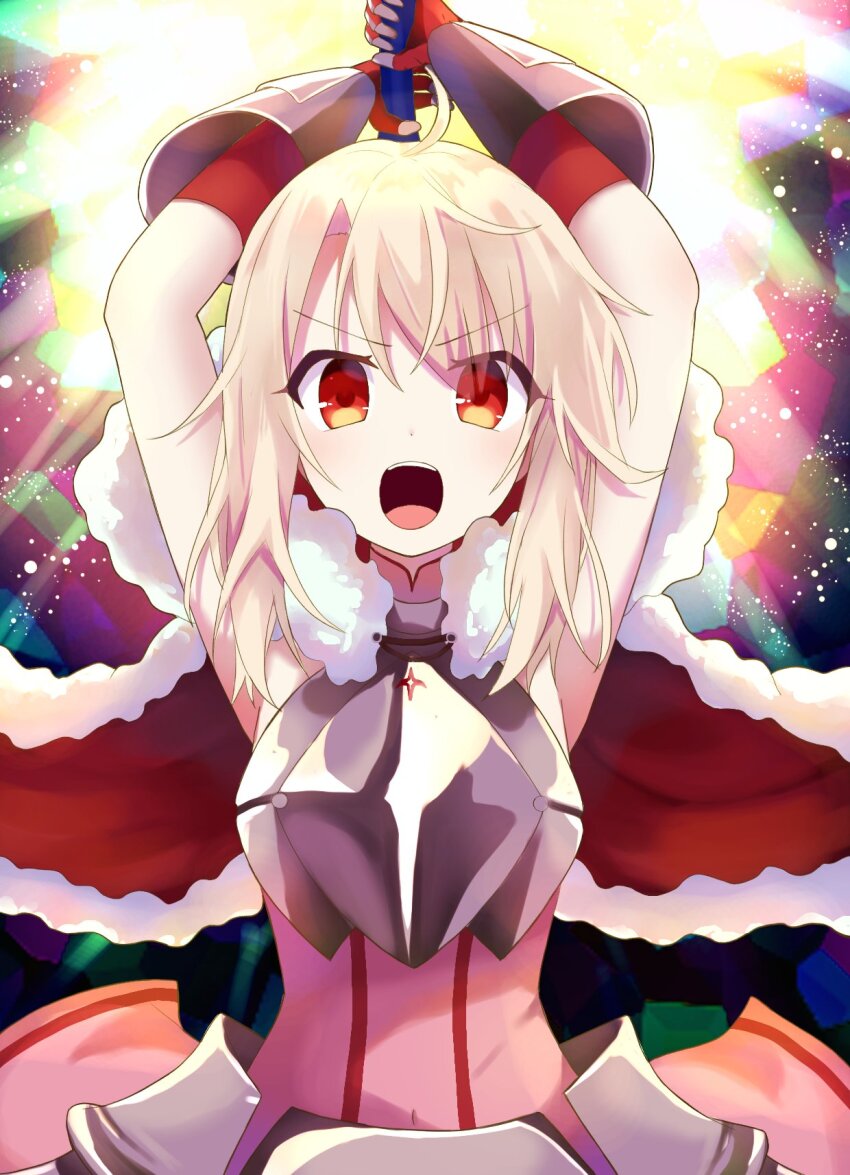 1girl ahoge arm_guards armor armored_dress arms_up blonde_hair cape commentary_request cowboy_shot dress eyes_visible_through_hair fate/kaleid_liner_prisma_illya fate_(series) fingerless_gloves floating_cape fur-trimmed_cape fur_trim gloves hair_between_eyes highres holding holding_sword holding_weapon illyasviel_von_einzbern illyasviel_von_einzbern_(saber_install) incoming_attack long_hair looking_at_viewer open_mouth pink_dress poteto_furai red_cape red_eyes red_gloves serious sleeveless sleeveless_dress solo straight-on sword teeth upper_body upper_teeth_only v-shaped_eyebrows weapon