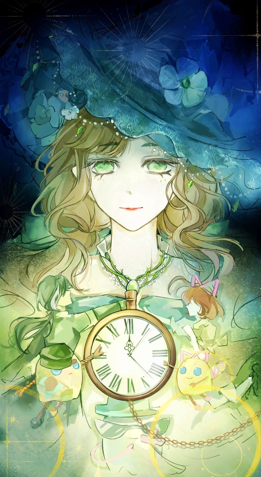 1boy 2girls bare_legs bare_shoulders beads black_background black_coat black_hair blue_dress blue_hat brown_hair bubble_skirt character_request chiqihing closed_mouth coat dress eyelashes faceless faceless_female faceless_male flower frilled_headwear gem glowing green_eyes green_gemstone hair_flower hair_ornament hair_ribbon hat hat_flower highres infinity_nikki jewelry lipstick long_hair low_ponytail makeup multicolored_hair multiple_girls necklace nikki_(series) off-shoulder_dress off_shoulder official_alternate_color piecey pink_ribbon pocket_watch ponytail rainfall_&amp;_blossoms_(infinity_nikki) reaching red_lips ribbon short_dress short_hair skirt smile sparkle straight-on streaked_hair upper_body watch wavy_hair white_flower witch witch_hat yellow_dress