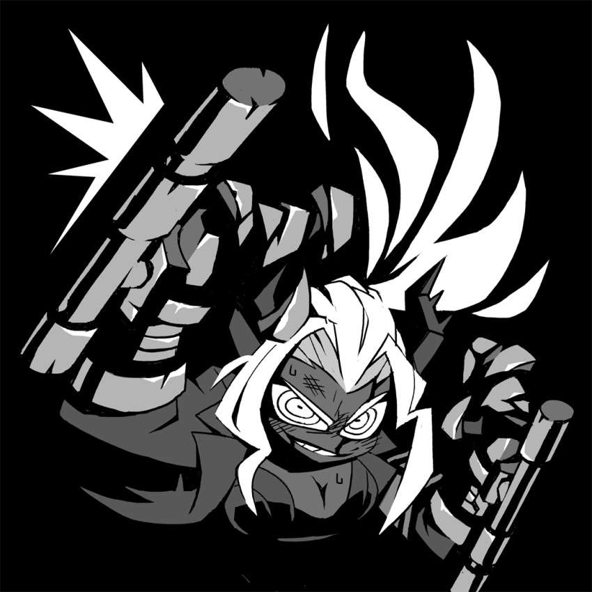 1girl arms_up black_background breasts cleavage colored_skin commentary demon_girl demon_horns demon_tail english_commentary greyscale helltaker holding holding_weapon horns injury judgement_(helltaker) looking_at_viewer monochrome shirt simple_background solo sweat tail teeth vanripper weapon white_hair