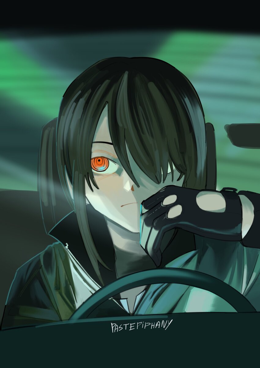 1girl artist_name black_hair car_interior chainsaw_man commentary cosplay drive_(movie) driver_(drive) driver_(drive)_(cosplay) fingerless_gloves frown gloves hair_over_one_eye highres jacket nayuta_(chainsaw_man) orange_eyes parody pastepiphany ringed_eyes signature solo steering_wheel upper_body