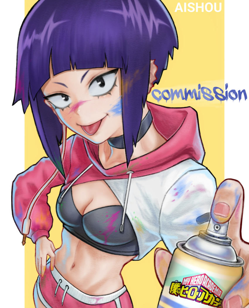 1girl :p absurdres ai_shou artist_name audio_jack black_choker black_eyes boku_no_hero_academia breasts choker cleavage collarbone commission hand_on_own_hip highres hooded_shrug jiro_kyoka long_earlobes looking_at_viewer midriff navel paint paint_on_body purple_hair short_hair short_shorts shorts shrug_(clothing) small_breasts smile solo sports_bra spray_paint tongue tongue_out