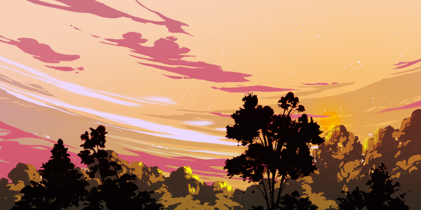 cloud evening forest gradient_sky highres landscape nature no_humans orange_sky original outdoors pink_clouds scenery sky sky_focus sun sunlight sunset tree victoria_joh yellow_light