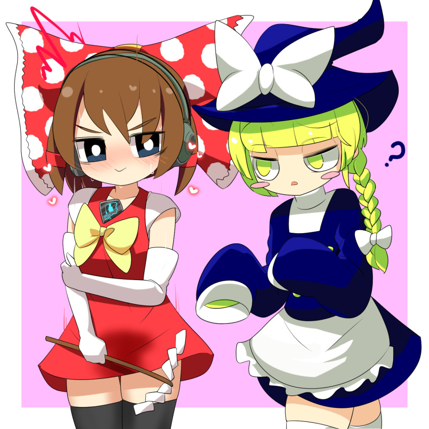 2girls ? apron black_eyes black_thighhighs blonde_hair blue_dress blush blush_stickers bow bowtie braid breasts bright_pupils brown_hair closed_mouth commentary_request cookie_(touhou) cowboy_shot detached_sleeves dress gohei hair_bow hakurei_reimu half-closed_eyes hat headphones highres kirisame_marisa lets0020 long_hair looking_at_another looking_to_the_side multiple_girls open_mouth pink_background polka_dot polka_dot_bow red_bow red_dress right_arm_(cookie) side_braid simple_background single_braid sleeves_past_fingers sleeves_past_wrists small_breasts smile thighhighs touhou two-tone_background waist_apron white_apron white_background white_bow white_pupils white_sleeves white_thighhighs witch_hat yellow_bow yellow_bowtie yellow_eyes