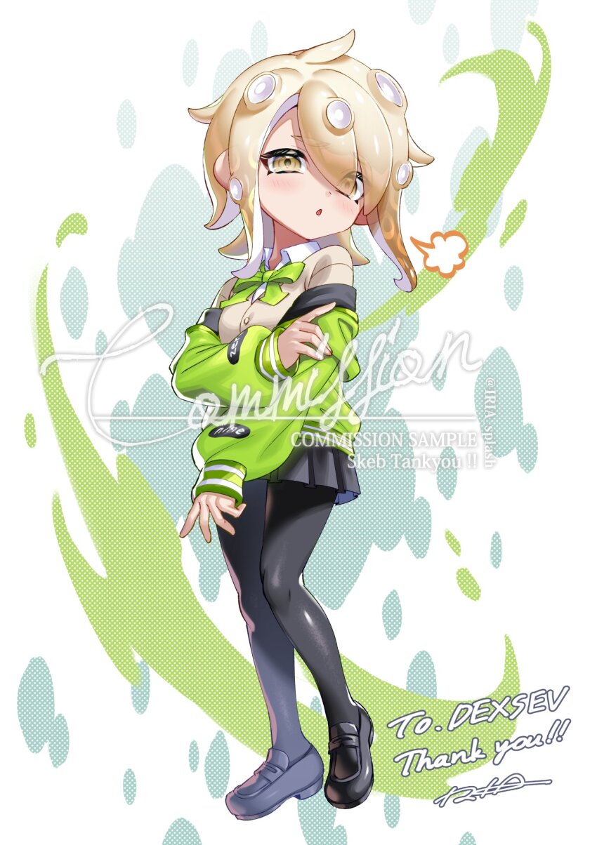 1girl black_pantyhose black_shoes black_skirt blonde_hair blush bow bowtie cardigan collared_shirt commentary commission commissioner_name english_commentary eyes_visible_through_hair full_body green_bow green_bowtie green_jacket hair_over_one_eye hand_on_own_arm highres iria_(yumeirokingyo) jacket loafers long_sleeves medium_hair miniskirt mixed-language_commentary nintendo octoling octoling_girl octoling_player_character off_shoulder pantyhose parted_lips pleated_skirt puff_of_air shirt shoes skirt solo splatoon_(series) standing swept_bangs tentacle_hair thank_you watermark white_shirt yellow_cardigan yellow_eyes