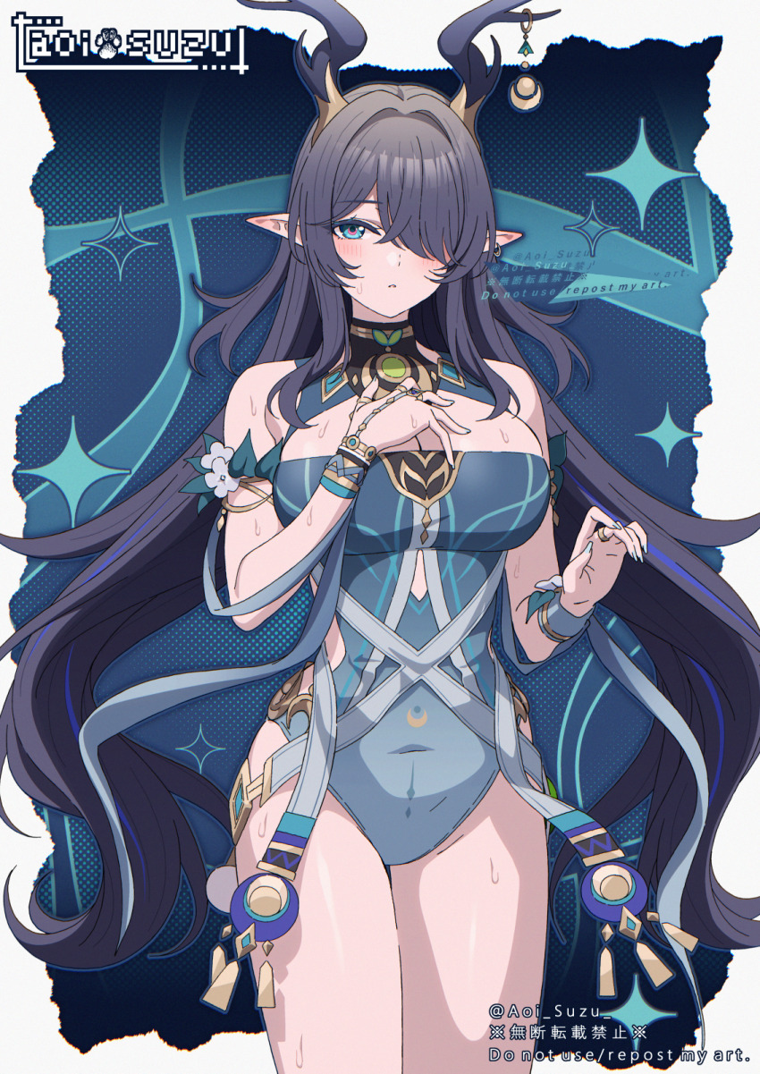 1girl adapted_costume antlers aoi_suzu aqua_eyes aqua_one-piece_swimsuit artist_name bare_shoulders blush breasts casual_one-piece_swimsuit commentary_request deer_antlers fingernails genshin_impact hair_intakes hair_over_one_eye hand_on_own_chest hand_up highres horns large_breasts lauma_(genshin_impact) long_hair looking_at_viewer one-piece_swimsuit parted_lips pointy_ears purple_hair solo sweatdrop swimsuit thighs very_long_hair watermark
