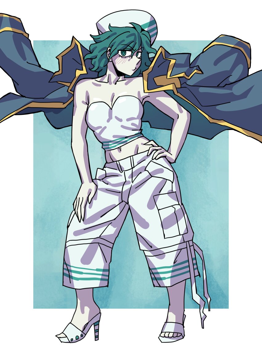 1girl absurdres alternate_costume black_coat coat coat_on_shoulders eddybird55555 green_eyes green_hair hand_on_own_hip hat high_heels highres looking_at_viewer midriff murasa_minamitsu pale_skin pants photo-referenced sailor_hat solo strapless touhou tube_top white_pants white_tube_top