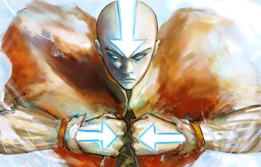 1boy aang aerokinesis arrow_(symbol) arrow_tattoo avatar:_the_last_airbender avatar_legends avatar_state bald blue_eyes clenched_hands element_bending floating_clothes forehead_tattoo glowing glowing_eyes glowing_tattoo head_tattoo highres kyezzzz looking_at_viewer male_focus monk own_hands_together partially_shaded_face shaded_face tattoo wind