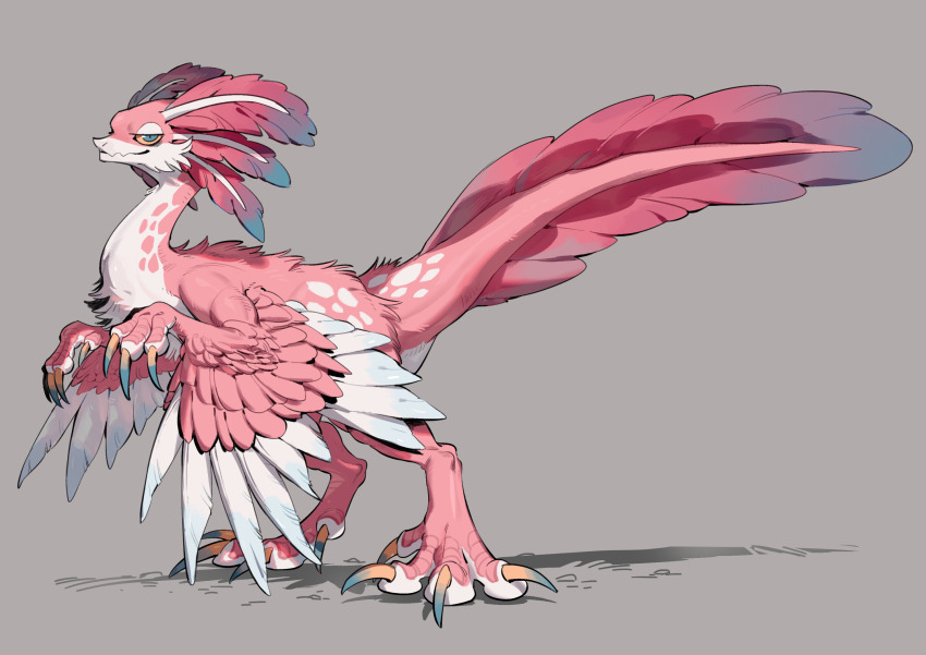 animal_focus axolotl_tail bird_wings blue_eyes bul_(moiko) claws colored_sclera feathered_wings from_side grey_background head_wings highres jitome looking_at_viewer monster no_humans original raptor scales simple_background solo spots tail wings yellow_sclera