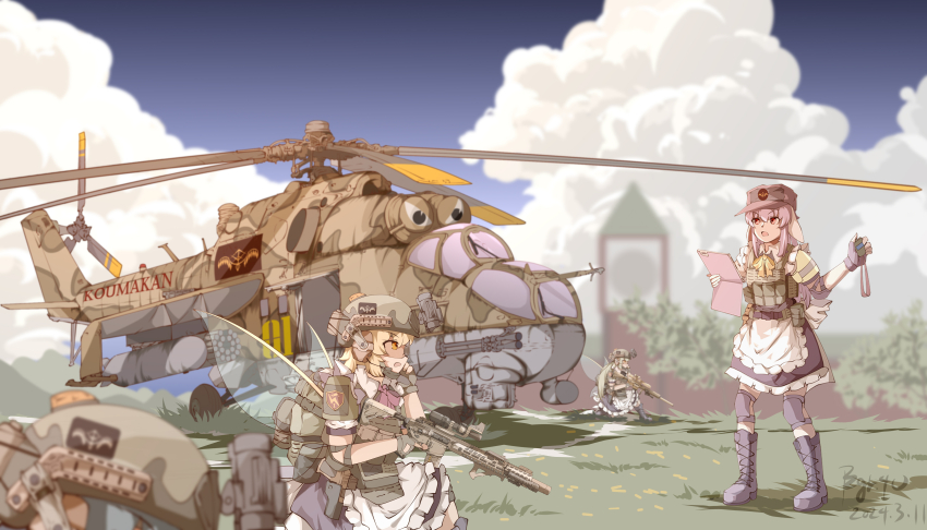 4girls absurdres aircraft attack_helicopter bulletproof_vest cloud fairy_maid_(touhou) gun helicopter highres holding holding_gun holding_weapon mi-24 military military_vehicle multiple_girls pzgr.40 reisen_udongein_inaba rifle sniper_rifle touhou vehicle_focus weapon