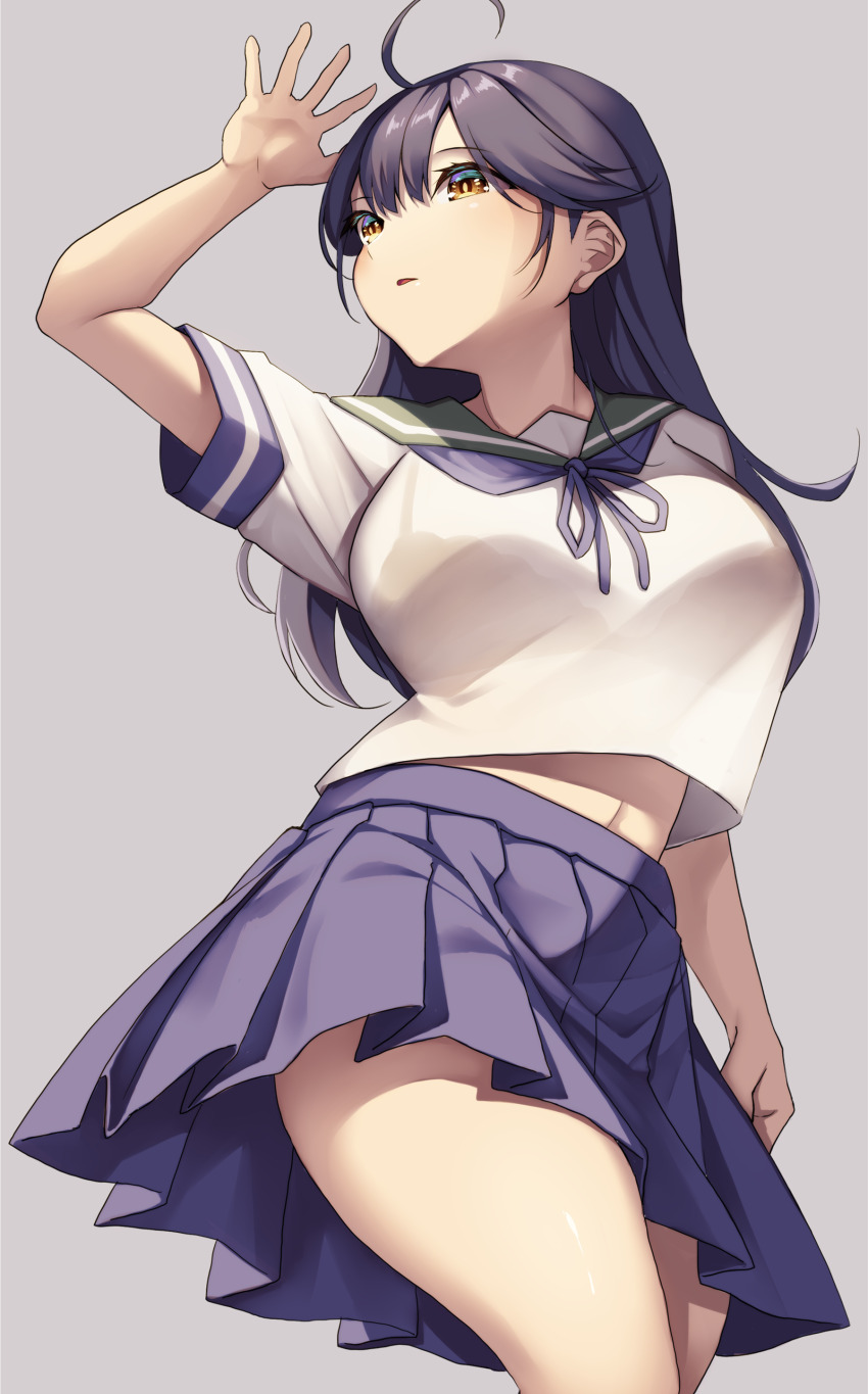 1girl absurdres ahoge black_hair blue_sailor_collar blush breasts brown_eyes cowboy_shot creek_(moon-sky) grey_background highres kantai_collection large_breasts long_hair neckerchief open_mouth pleated_skirt sailor_collar school_uniform serafuku skirt solo ushio_(kancolle)