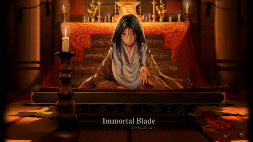 1girl asc11 black_hair blush brown_eyes commentary_request dated divine_child_of_rejuvenation female_focus flat_chest hair_between_eyes highres japanese_clothes kimono long_hair parted_bangs presenting scabbard sekiro:_shadows_die_twice sheath sheathed shrine solo sword weapon wide_sleeves