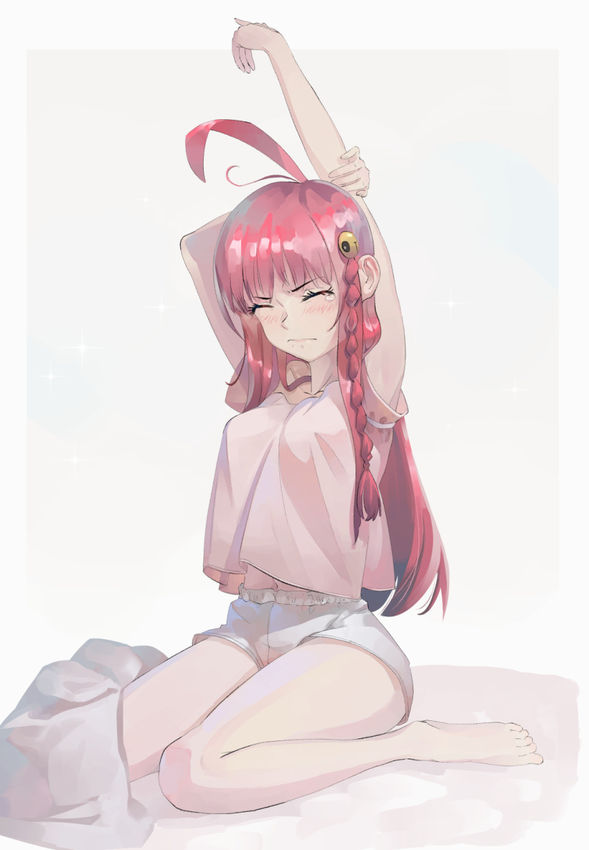 1girl ahoge alternate_costume arm_up barefoot bed braid camisole closed_eyes commentary grey_background hair_ornament highres holding_another&#039;s_arm long_hair midriff_peek navel nono_(top_wo_nerae_2!) on_bed red_hair riki6 short_sleeves shorts simple_background single_braid sitting solo stretching top_wo_nerae!_(series) top_wo_nerae_2! very_long_hair waking_up wariza white_shorts