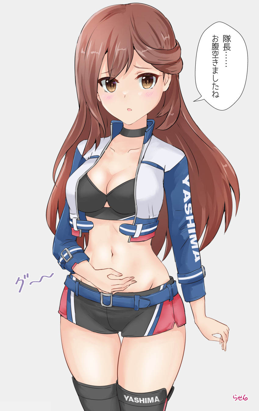 1girl absurdres alice_gear_aegis belt blush booth_babe breasts brown_eyes brown_hair choker cleavage collarbone hair_between_eyes hand_on_own_stomach highres hungry jacket long_hair looking_at_viewer medium_breasts navel parted_lips race_queen rasen_manga shorts signature speech_bubble stomach stomach_growling thighhighs translation_request usamoto_anna