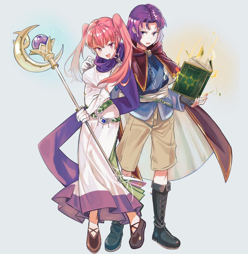 1boy 1girl absurdres angry bad_id bad_pixiv_id belt book boots chil0107 cloak dress elbow_gloves erk_(fire_emblem) eye_contact fang fire_emblem fire_emblem:_the_blazing_blade full_body gloves grey_hair grimoire happy highres holding holding_staff lace-up_boots long_hair long_sleeves looking_at_another nintendo open_mouth pink_eyes pink_hair purple_eyes purple_hair sash scarf serra_(fire_emblem) short_hair shorts simple_background skin_fang sleeveless sleeveless_dress staff twintails white_dress white_gloves