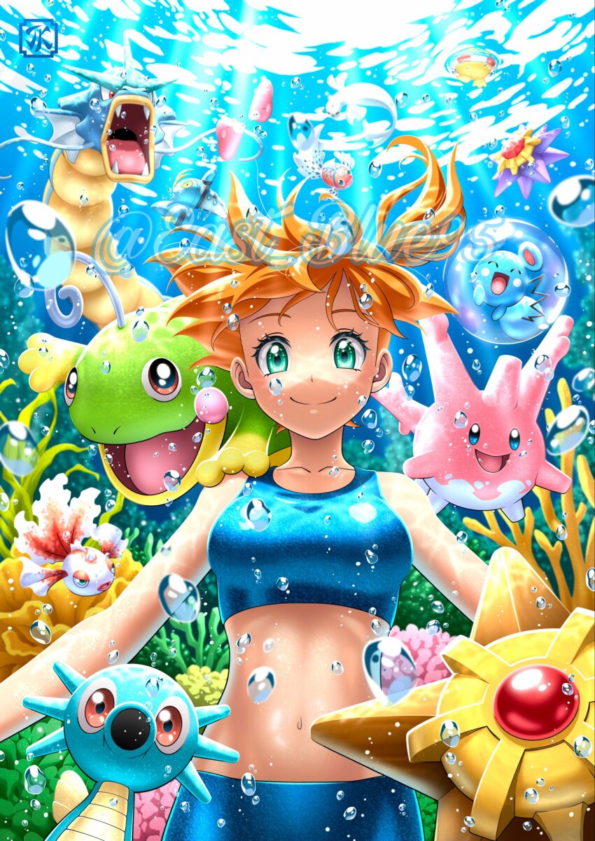 1girl air_bubble antennae azurill bare_arms bare_shoulders bike_shorts bikini bikini_shorts blue_bikini blue_eyes breasts bubble clauncher closed_mouth collarbone coral corsola dewgong east_blue95 eastblue_95 eyelashes floating_hair freediving gen_1_pokemon gen_2_pokemon gen_3_pokemon gen_6_pokemon goldeen green_eyes gyarados highres holding_breath horsea light_rays looking_at_viewer luvdisc medium_breasts midriff misty_(pokemon) navel nintendo on_shoulder open_mouth orange_hair pokemon pokemon_(creature) pokemon_frlg pokemon_on_shoulder politoed psyduck seaking seaweed short_hair shorts side_ponytail smile sports_bikini starmie staryu swimming swimsuit underwater water
