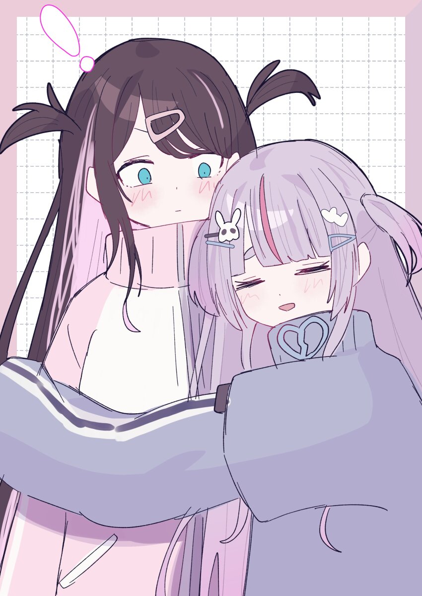 ! 2girls absurdres adapted_costume blue_eyes blush brown_hair closed_eyes colored_inner_hair gradient_hair grid_background hair_ornament hairpin highres hug jacket long_hair multicolored_hair multiple_girls multiple_hairpins open_mouth parted_bangs pink_hair purple_hair shimoyake_(lethal_penguin) streaked_hair thick_eyebrows tosaki_mimi tosaki_mimi_(4th_costume) track_jacket two_side_up upper_body virtual_youtuber vspo!