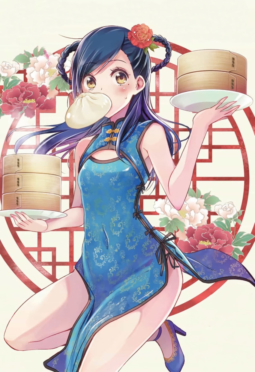 1girl armpits steamed_bun bare_shoulders blue_hair blush bokutachi_wa_benkyou_ga_dekinai braid brown_eyes chinese_clothes covered_navel eating flat_chest flower food furuhashi_fumino high_heels highres holding holding_tray long_hair mole mole_under_eye navel solo thighs tray tsutsui_taishi