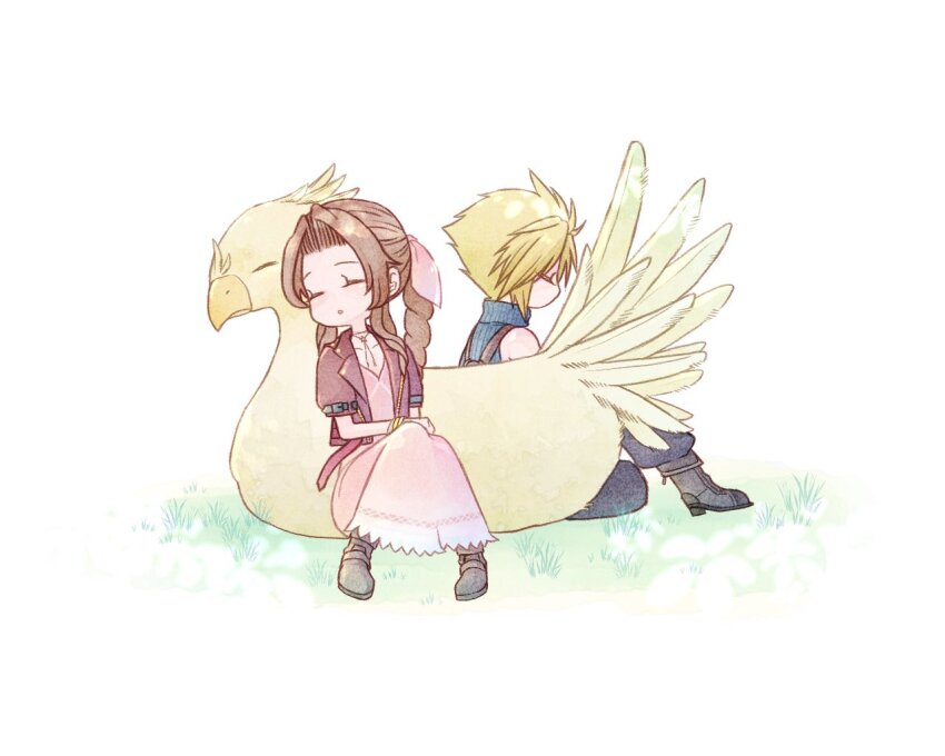 1boy 1girl aerith_gainsborough blonde_hair blue_pants blue_shirt bluelimbo8888 boots braid braided_ponytail brown_footwear brown_hair chibi chocobo choker closed_eyes cloud_strife dress final_fantasy final_fantasy_vii final_fantasy_vii_remake flower_choker full_body hair_ribbon jacket long_dress long_hair outdoors pants parted_bangs pink_dress pink_ribbon red_jacket ribbon shirt short_hair short_sleeves sidelocks sitting sleeping sleeveless sleeveless_turtleneck spiked_hair square_enix suspenders turtleneck