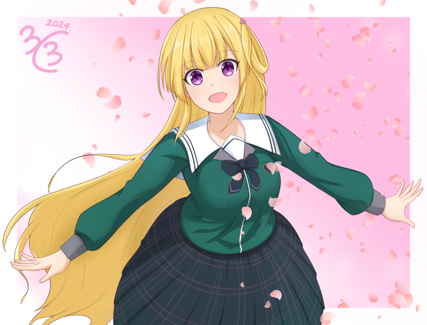 1girl 22/7 :d absurdres black_bow black_bowtie black_skirt blonde_hair border bow bowtie dated falling_petals fujima_sakura gradient_background green_shirt hair_rings highres long_hair long_sleeves looking_at_viewer one_side_up open_mouth outside_border outstretched_arms petals pink_background pink_petals plaid_clothes plaid_skirt pleated_skirt purple_eyes rokubanchou_school_uniform sailor_collar school_emblem school_uniform serafuku shirt single_hair_ring skirt smile solo standing takumitu_711 white_border white_sailor_collar winter_uniform