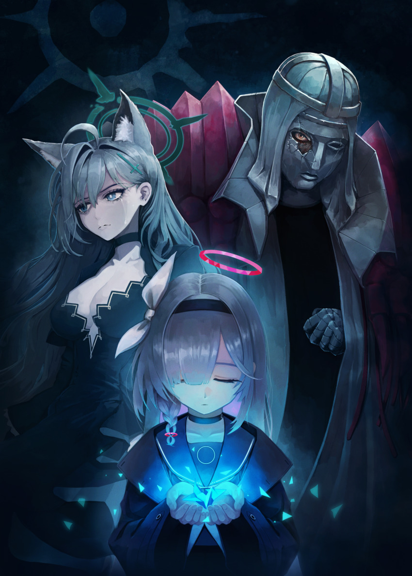 1boy 2girls absurdres ahoge animal_ear_fluff animal_ears black_choker black_dress black_hairband black_serafuku blue_archive blue_eyes braid breasts broken_halo choker cleavage closed_eyes coat collarbone cross_hair_ornament dress grey_hair hair_ornament hair_over_one_eye hairband halo highres large_breasts long_hair long_sleeves mismatched_pupils multiple_girls phrenapates_(blue_archive) plana_(blue_archive) rake_autumn school_uniform serafuku shiroko_(blue_archive) shiroko_terror_(blue_archive) single_braid wolf_ears