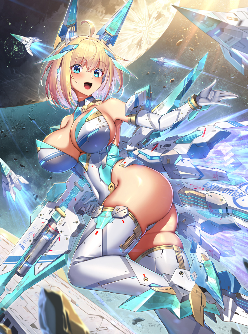 1girl :d ass blonde_hair blue_eyes breasts cleavage commentary_request gloves gun highres holding holding_gun holding_weapon large_breasts long_hair looking_at_viewer mecha_musume open_mouth original short_hair smile solo sophia_f_shirring takamine_nadare textless_version thighs weapon white_gloves