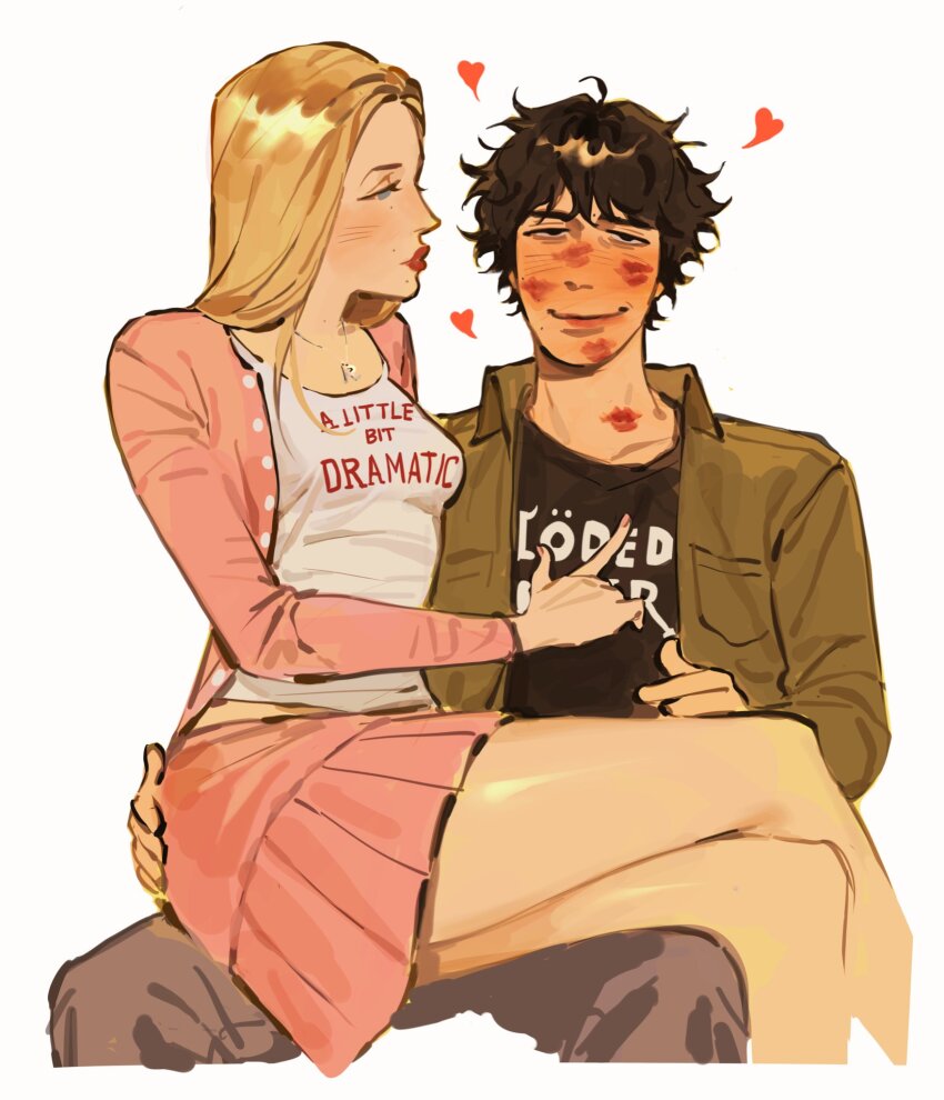 1boy 1girl ahoge assertive_female black_shirt blonde_hair blue_eyes blush breast_pocket breasts brown_eyes brown_hair brown_shirt cardigan choppy_bangs collared_shirt cropped_legs crossed_legs crossover diary_of_a_wimpy_kid english_text finger_to_another&#039;s_chest grey_pants hand_on_another&#039;s_hip heart hetero highres jewelry kunnuscumnus layered_shirt lipstick_mark lipstick_mark_on_face lipstick_mark_on_neck long_hair long_sleeves looking_at_another looking_at_viewer lovestruck loving_aura mean_girls medium_breasts messy_hair midriff_peek miniskirt mole mole_above_mouth mole_on_cheek mole_on_forehead mole_on_neck mole_under_eye mole_under_mouth multiple_moles necklace open_cardigan open_clothes open_shirt pants parted_bangs pink_cardigan pink_skirt pleated_skirt pocket print_shirt puckered_lips red_lips regina_george rodrick_heffley shiny_skin shirt short_hair silver_necklace simple_background sitting sitting_on_lap sitting_on_person skirt smile straight_hair tareme thick_eyebrows too_many_lipstick_marks wavy_hair white_background white_shirt