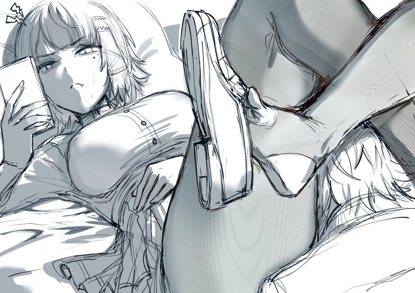 1boy 1girl absurdres bed cellphone commentary ellen_joe english_commentary face_in_crotch fang feet greyscale half-closed_eyes head_between_thighs hews highres holding holding_phone leg_lock lightning_bolt_symbol lying monochrome on_back on_bed pantyhose phone pillow scissorhold short_hair smartphone stirrup_footwear thighs toeless_legwear unfinished zenless_zone_zero