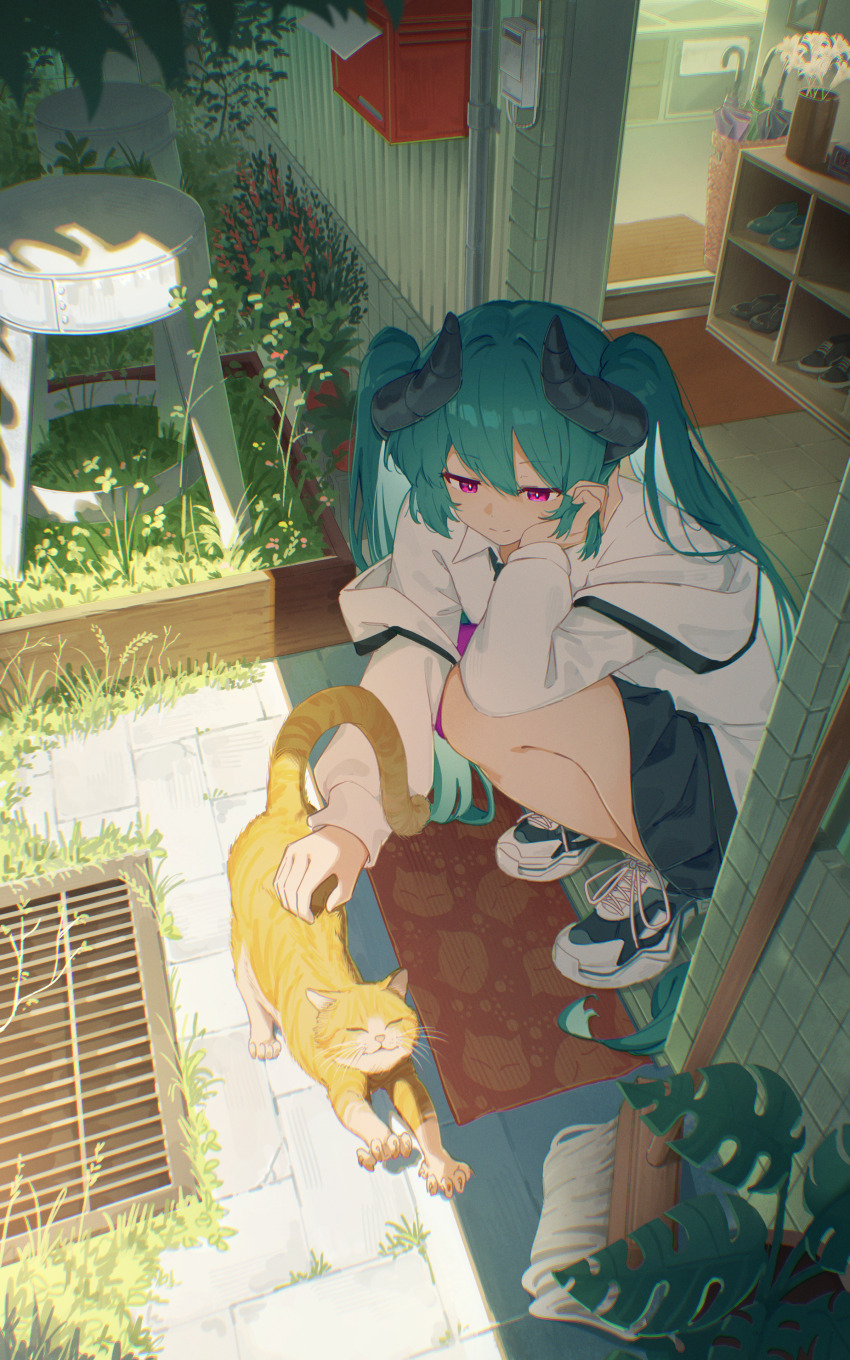 1girl absurdres animal aqua_hair black_horns black_skirt borrowed_character bright_pupils broom cat chromatic_aberration closed_mouth collared_shirt commission day doorway double-parted_bangs elbow_on_knee foliage from_above grate half-closed_eyes hand_in_own_hair hand_on_animal hand_on_own_cheek hand_on_own_face hand_up highres horns jacket jacket_partially_removed jl_tan light_smile long_hair long_sleeves looking_at_animal mat morello_(morellostorment) off_shoulder original outdoors pink_eyes pleated_skirt second-party_source shirt shoes skirt sneakers solo squatting stool stretching sunlight very_long_hair white_jacket white_pupils white_shirt wing_collar yellow_cat