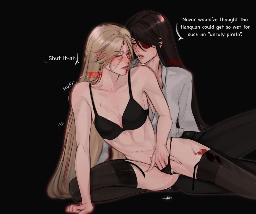 2girls beidou_(genshin_impact) black_background black_bra black_panties black_pants black_thighhighs blonde_hair blush bra breasts brown_hair cleavage collared_shirt colored_eyepatch commentary contemporary ear_blush english_commentary english_text eyepatch female_masturbation genshin_impact highres lart_art1 long_hair looking_at_another masturbation medium_breasts multiple_girls ningguang_(genshin_impact) one_eye_covered panties pants parted_lips pussy_juice shirt simple_background sweat thighhighs trembling underwear white_shirt yuri