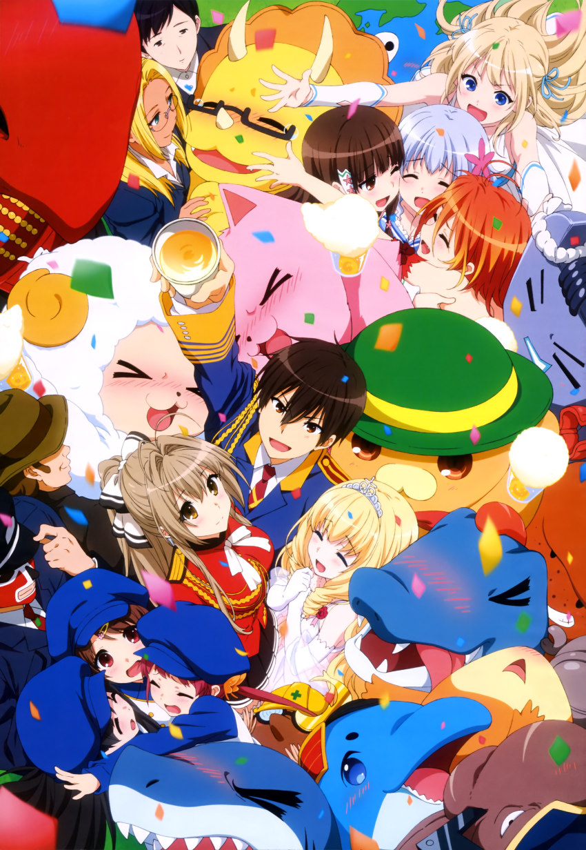 &gt;_&lt; 10s 4boys 6+girls ^_^ absurdres adachi_eiko ahoge amagi_brilliant_park arm_up ashe_(amaburi) bandou_biino blonde_hair blue_hair blush brown_hair character_request chuujou_shiina closed_eyes confetti crown detached_sleeves drink everyone closed_eyes glasses group_hug hair_ornament hairclip happy hat highres hug kanie_seiya koborii_(amaburi) latifa_fleuranza long_hair looking_at_another looking_at_viewer looking_up macaron_(amaburi) mask moffle multiple_boys multiple_girls mumultiple_girls muse_(amaburi) non-web_source nyantype official_art one_eye_closed red_eyes red_hair salama_(amaburi) sento_isuzu smile sylphy_(amaburi) tiramii twintails