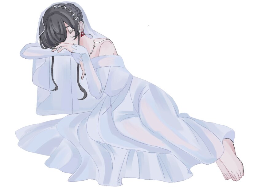 1girl bare_shoulders barefoot black_hair bridal_veil closed_eyes dress earrings flower flower_braid hair_between_eyes hair_flower hair_ornament hair_over_one_eye highres jewelry jiaojiao long_dress long_hair long_sleeves lying necklace off-shoulder_dress off_shoulder on_side shimako_(yume_2kki) simple_background sleeping solo triangle_earrings veil wedding_dress white_background white_dress white_veil yume_2kki