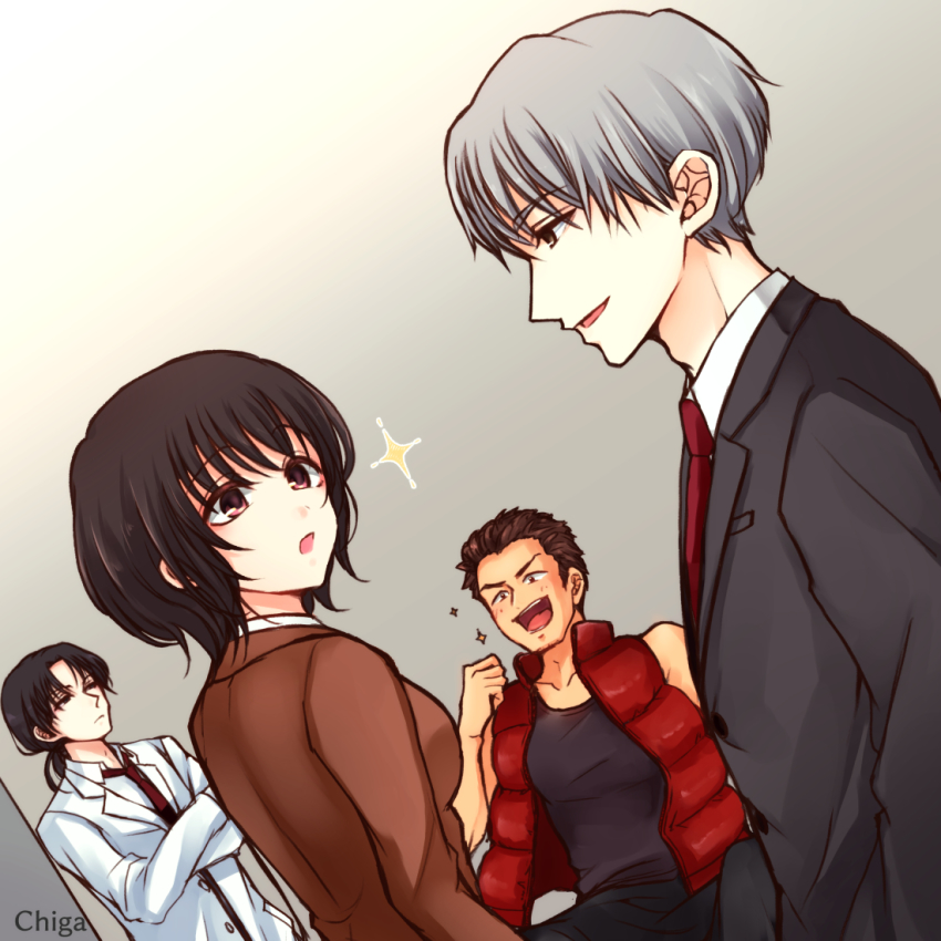 1girl 3boys bare_shoulders black_hair brown_hair chi119 coat crossed_arms formal_clothes grey_hair himuro_hitoshi kaga_tsuyoshi kaii_shoukougun kanamori_hinako kirisaki_shouta lab_coat medium_hair multiple_boys necktie official_art ponytail short_hair smile suit tan vest white_coat