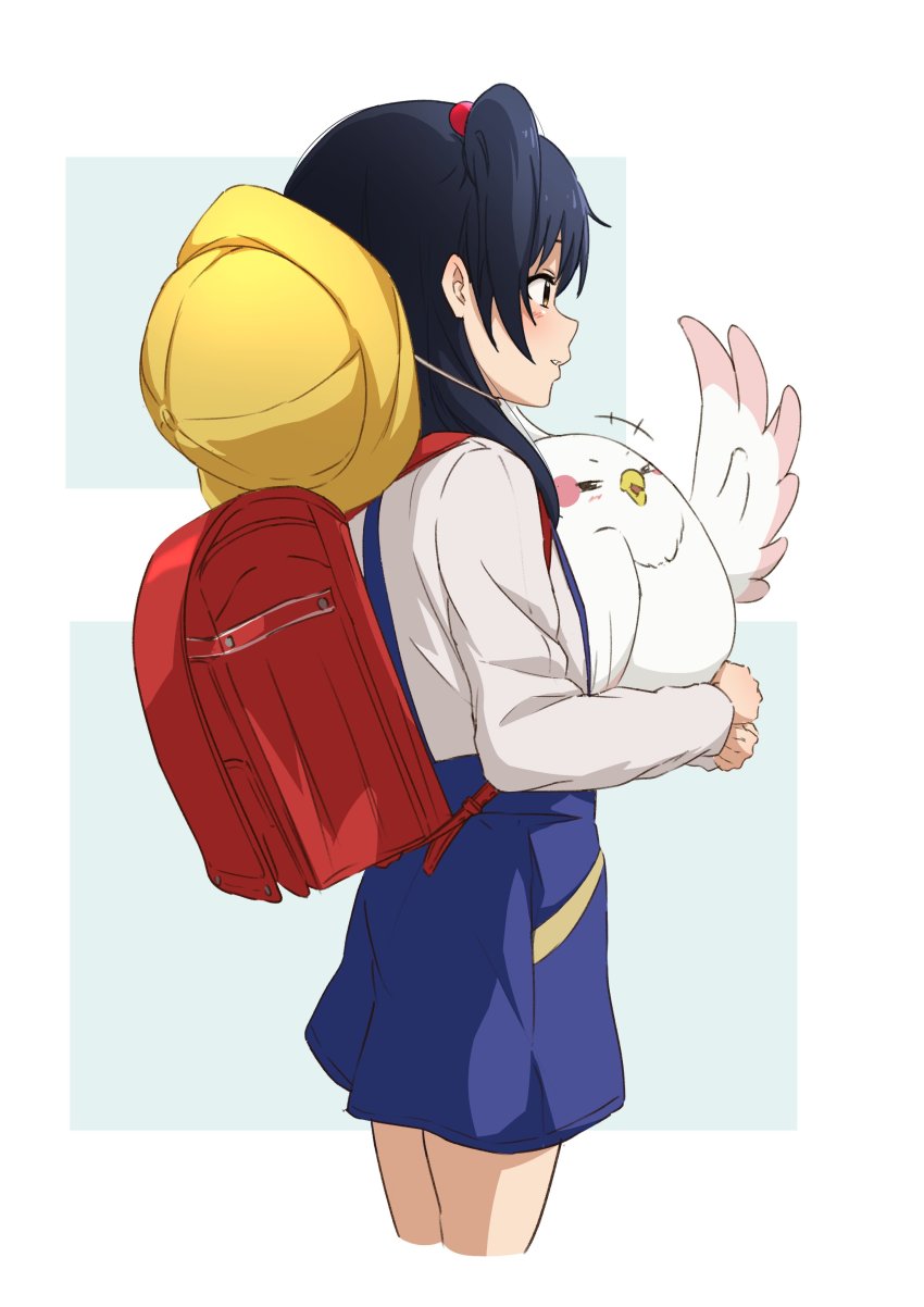 1girl absurdres backpack bag bird black_hair blue_skirt brown_eyes commentary_request cowboy_shot dera_mochimazzui hair_bobbles hair_ornament hat highres kitashirakawa_anko long_hair looking_at_viewer nishizuki_shino one_side_up randoseru school_hat simple_background skirt suspenders tamako_market white_background yellow_headwear