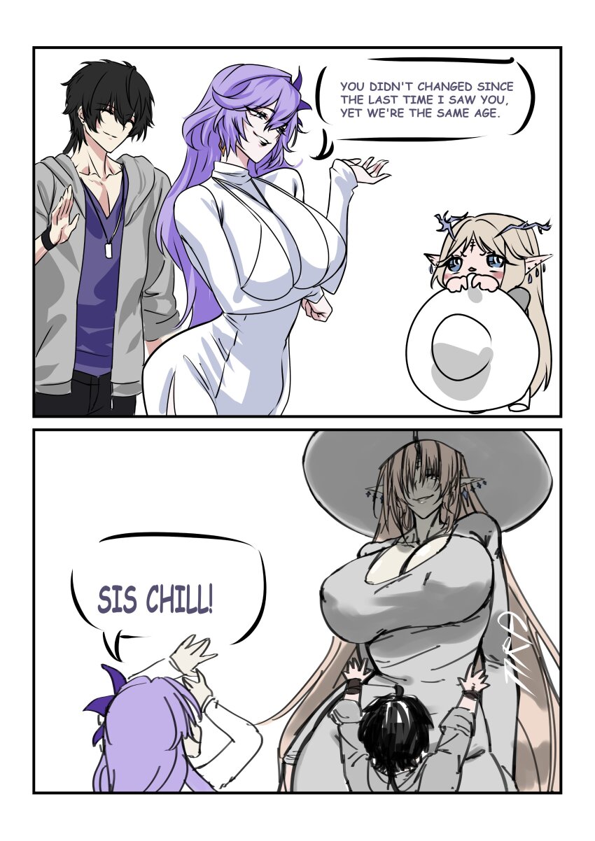absurdres black_bracer black_hair black_pants blonde_hair blue_eyes breasts cantarella_(wuthering_waves) cartethyia_(wuthering_waves) commentary confused covered_erect_nipples crown_of_thorns dress earrings evil_smile excited fleurdelys_(wuthering_waves) flower grey_jacket hair_flower hair_ornament hasshaku-sama hat highres horns huge_breasts jacket jewelry large_breasts large_hat laurel_crown light_blush light_smile long_hair male_rover_(wuthering_waves) mini_person minigirl necklace open_clothes open_jacket pants pointy_ears purple_hair purple_shirt rover_(wuthering_waves) shirt simple_background single_horn smile sun_hat sundress tacet_mark_(wuthering_waves) tall_female taut_clothes taut_dress tira_(tiiramiiisu2) transformation turtleneck turtleneck_dress very_long_hair watch white_background white_hat wristwatch wuthering_waves yellow_horns