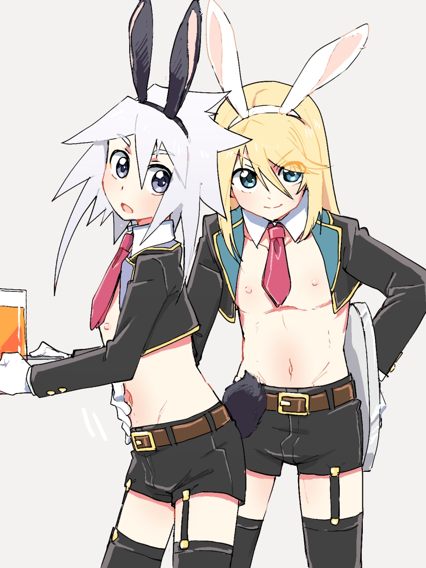 2boys animal_ears aqua_eyes azuma_yukihiko black_shorts black_thighhighs blonde_hair blue_eyes bulge crossdressing detached_collar fake_animal_ears genius_sage gloves highres holding holding_plate jacket long_hair long_sleeves looking_at_another looking_at_viewer male_focus medium_hair mithos_yggdrasill multiple_boys navel necktie nipples open_clothes open_jacket pectorals plate rabbit_boy rabbit_ears rabbit_tail red_necktie shorts tail tales_of_(series) tales_of_symphonia thighhighs trap white_gloves white_hair yaoi
