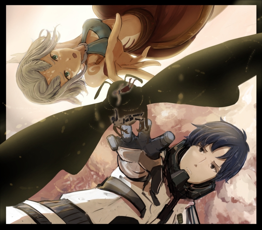 1boy 1girl antennae blue_hair bug dark_skin godzilla:_planet_of_the_monsters godzilla:_the_planet_eater godzilla_(series) green_eyes highres houtua insect kaiju maina miana michino monster_girl moth mothra multicolored_hair polygon_pictures sakaki_haruo spoilers tattoo toho tribal tribal_tattoo two-tone_hair white_hair