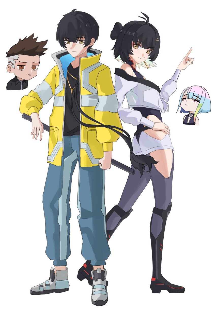 2boys 2girls absurdres antenna_hair black_bow black_hair black_leotard black_shirt blue_pants bow brown_hair closed_mouth commentary cosplay costume_switch cyberpunk_(series) cyberpunk_edgerunners david_martinez david_martinez_(cosplay) dual_persona english_commentary female_rover_(wuthering_waves) hair_bow hand_on_own_hip hand_up highres hip_vent jacket leotard looking_at_viewer lucy_(cyberpunk) lucy_(cyberpunk)_(cosplay) male_rover_(wuthering_waves) multiple_boys multiple_girls pants rover_(wuthering_waves) shirt shoes smile white_jacket white_shoes wuthering_waves yellow_eyes yellow_jacket yonyanyon