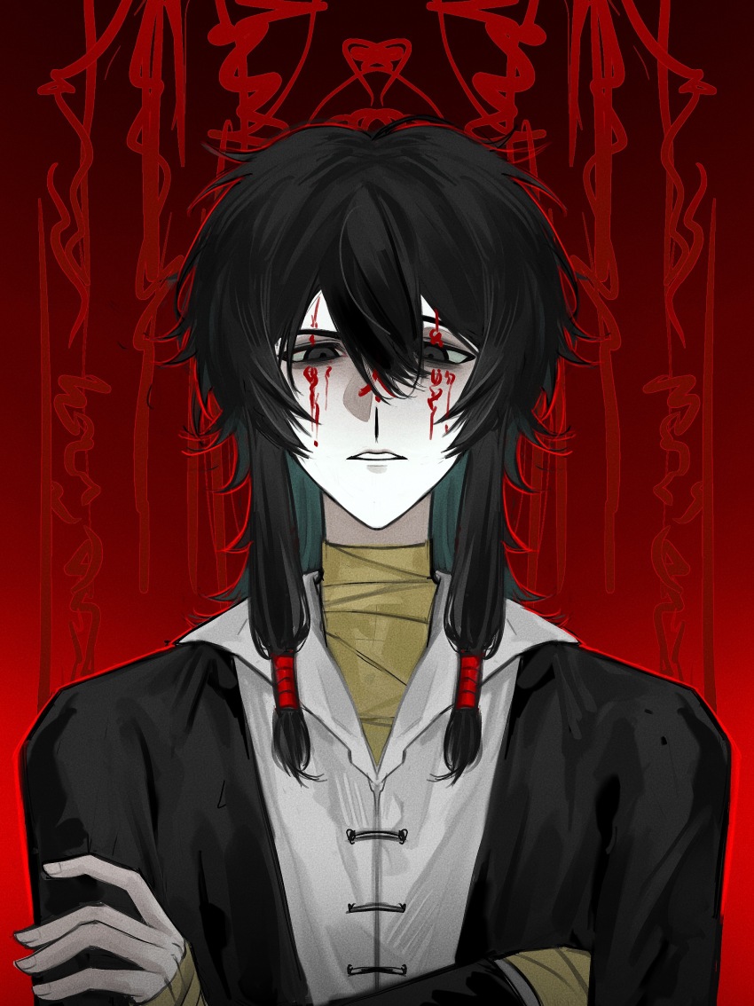 1boy absurdres anmixiu906 black_eyes black_hair black_jacket chinese_commentary collared_shirt commentary_request crossed_arms facepaint film_grain hair_between_eyes highres jacket long_sleeves low-tied_sidelocks male_focus medium_hair open_clothes open_jacket pale_skin red_background shirt sidelocks solo touqi_guaitan upper_body variant_set white_shirt ziche_fuzhao