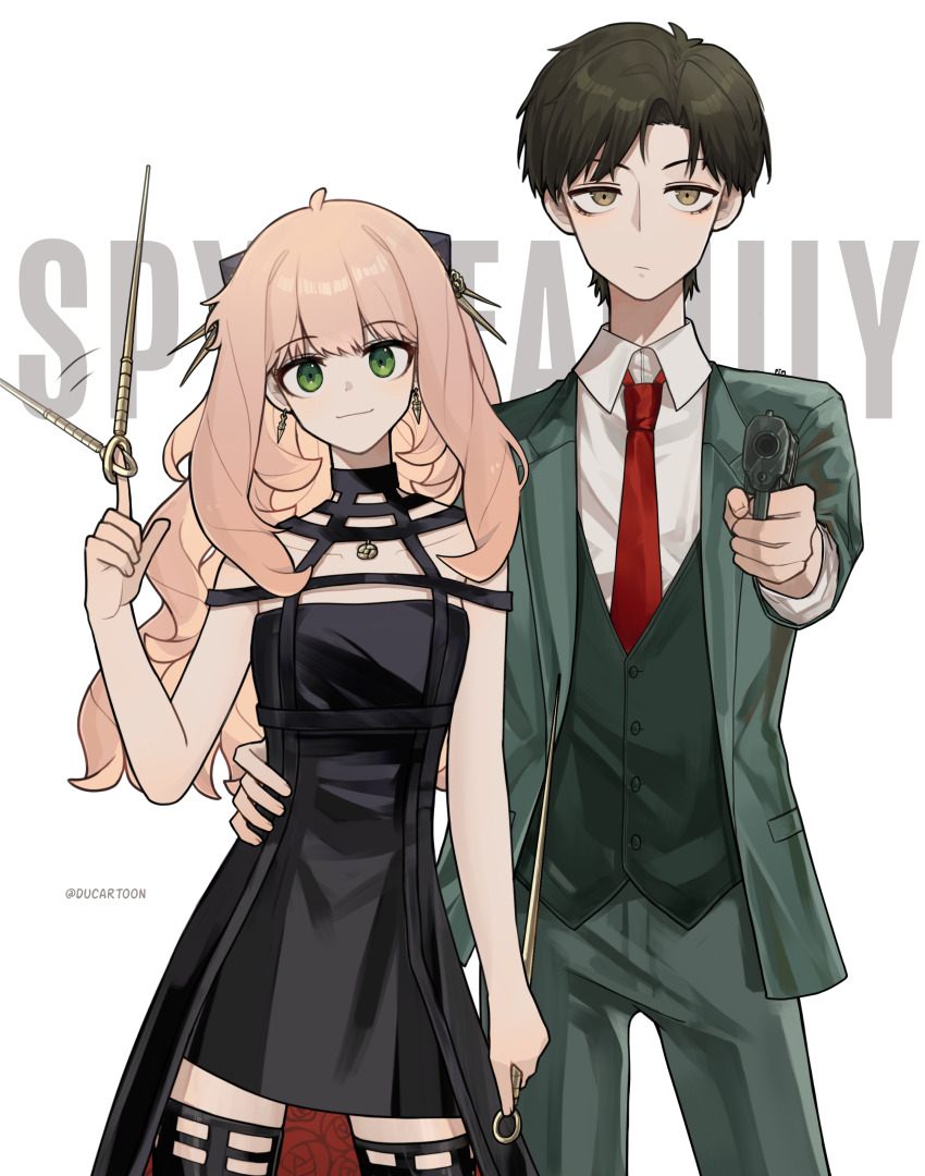 1boy 1girl absurdres aged_up aiming anya_(spy_x_family) black_dress black_hair collared_shirt cosplay dagger damian_desmond dress ducartoon earrings formal_clothes green_eyes green_jacket green_pants green_suit gun handgun height_difference highres holding holding_dagger holding_knife holding_weapon jacket jewelry knife long_hair long_sleeves looking_at_viewer necktie pants pink_hair pistol pointing pointing_at_viewer red_necktie shirt sleeveless sleeveless_dress smile spinning spinning_weapon spy_x_family stiletto_(weapon) suit thighhighs twilight_(spy_x_family) twilight_(spy_x_family)_(cosplay) twitter_username weapon white_shirt yellow_eyes yor_briar yor_briar_(cosplay)