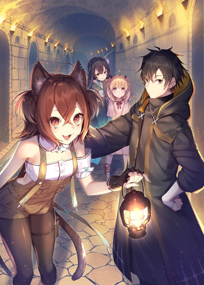 1boy 3girls absurdres ahoge animal_ears black_hair black_hood black_jacket black_pantyhose black_shirt black_tunic blonde_hair blush brown_eyes brown_gloves brown_hair brown_overalls brown_shorts carmilla_(yami_healer) cat_ears cat_tail character_request closed_mouth dress fingerless_gloves flower gloves hair_flower hair_ornament hair_ribbon hand_up highres isshun_de_chiryou_shiteita_noni_yakutatazu_to_tsuihou_sareta_tensai_chiyushi_yami_healer_toshite_tanoshiku_ikiru jacket lamp lily_(yami_healer) long_hair looking_at_viewer multiple_girls official_art open_mouth overalls pantyhose pink_dress pink_eyes ribbon serious shirt shoes shorts smile tail torch tunic twintails white_shirt zenos_(yami_healer)