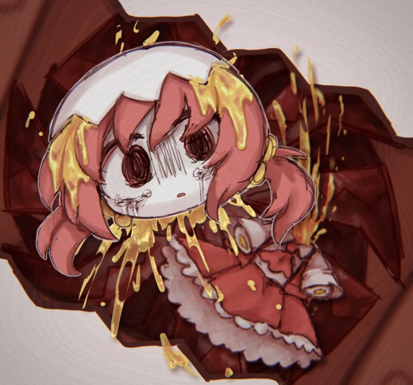 1girl agpgwm amputee ascot chibi chibi_only collared_shirt colored_skin crying crying_with_eyes_open decapitation egg_(food) egg_yolk eggshell eggshell_hat food hair_bobbles hair_ornament highres imigo_no_tamago_(vocaloid) kaai_yuki looking_at_viewer low_twintails medium_hair parted_lips petticoat quadruple_amputee red_ascot red_eyes red_hair red_skirt shirt short_sleeves skirt solo tears twintails vocaloid white_shirt white_skin wide-eyed