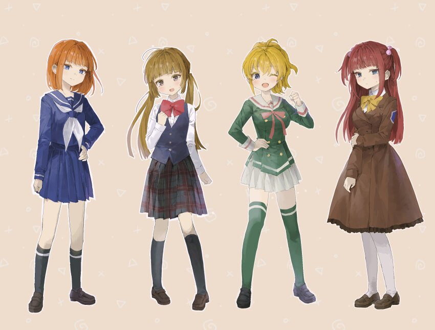 4girls ;d aged_down black_socks blonde_hair blue_eyes blue_serafuku blue_skirt blue_vest blunt_bangs bow bowtie brown_coat brown_eyes brown_hair clenched_hand coat colored_eyelashes commentary_request eva_beatrice eyes_visible_through_hair full_body ghkdakrh1129 green_shirt green_thighhighs hair_bobbles hair_ornament hand_on_own_hip head_tilt highres holding_own_arm kneehighs korean_commentary light_blush light_brown_background loafers long_hair looking_at_viewer miniskirt multiple_girls neckerchief one_eye_closed open_mouth orange_hair outline pantyhose patch plaid_clothes plaid_skirt pleated_skirt red_bow red_bowtie red_hair red_ribbon ribbon sailor_collar school_uniform serafuku shirt shoes short_hair sidelocks skirt sleeve_cuffs smile socks standing sweatdrop thighhighs twintails two_side_up umineko_no_naku_koro_ni ushiromiya_ange ushiromiya_jessica ushiromiya_rosa vest white_neckerchief white_outline white_pantyhose white_shirt white_skirt yellow_bow yellow_bowtie zettai_ryouiki