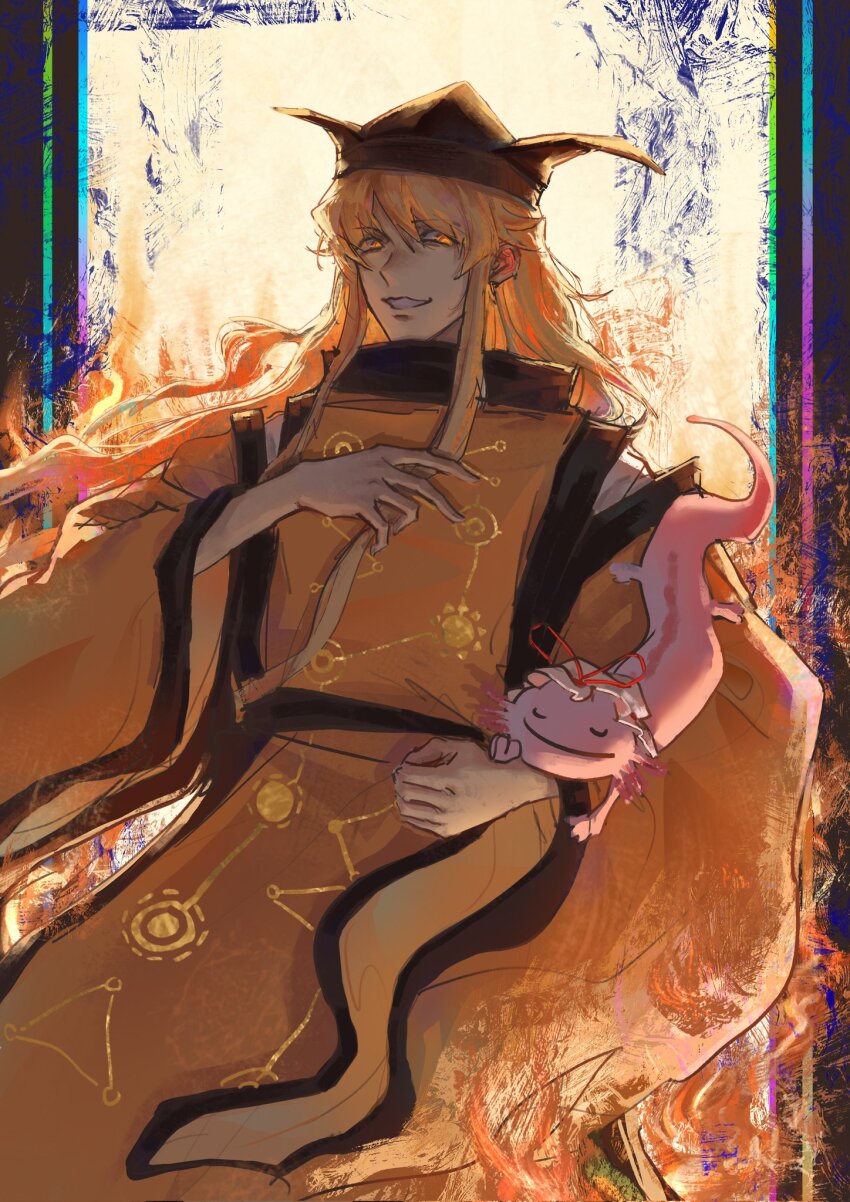 320tbsyc animal blonde_hair closed_eyes detached_sleeves grin hat highres long_hair long_sleeves matara_okina mob_cap shirt smile touhou white_shirt yakumo_yukari yakumo_yukari_(axolotl) yellow_eyes yellow_tabard