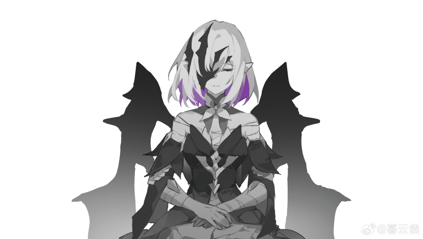 1girl absurdres bandaged_arm bandaged_leg bandages bare_shoulders closed_eyes closed_mouth dress facing_viewer gloves greyscale highres honkai:_star_rail honkai_(series) mask_over_one_eye monochrome multicolored_hair muyunshen pointy_ears polyxia_(honkai:_star_rail) purple_hair short_hair simple_background sitting smile solo spot_color white_background