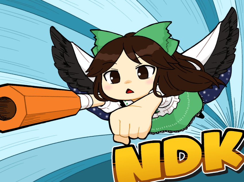 1girl arm_cannon black_wings blue_background blush bow brown_eyes brown_hair bseibutsu cape character_name clenched_hand commentary_request control_rod_(touhou) cookie_(touhou) feathered_wings flying full_body green_bow green_skirt hair_bow long_hair nadeko_(cookie) open_mouth reiuji_utsuho shirt skirt solo touhou triangle_mouth weapon white_cape white_shirt wings
