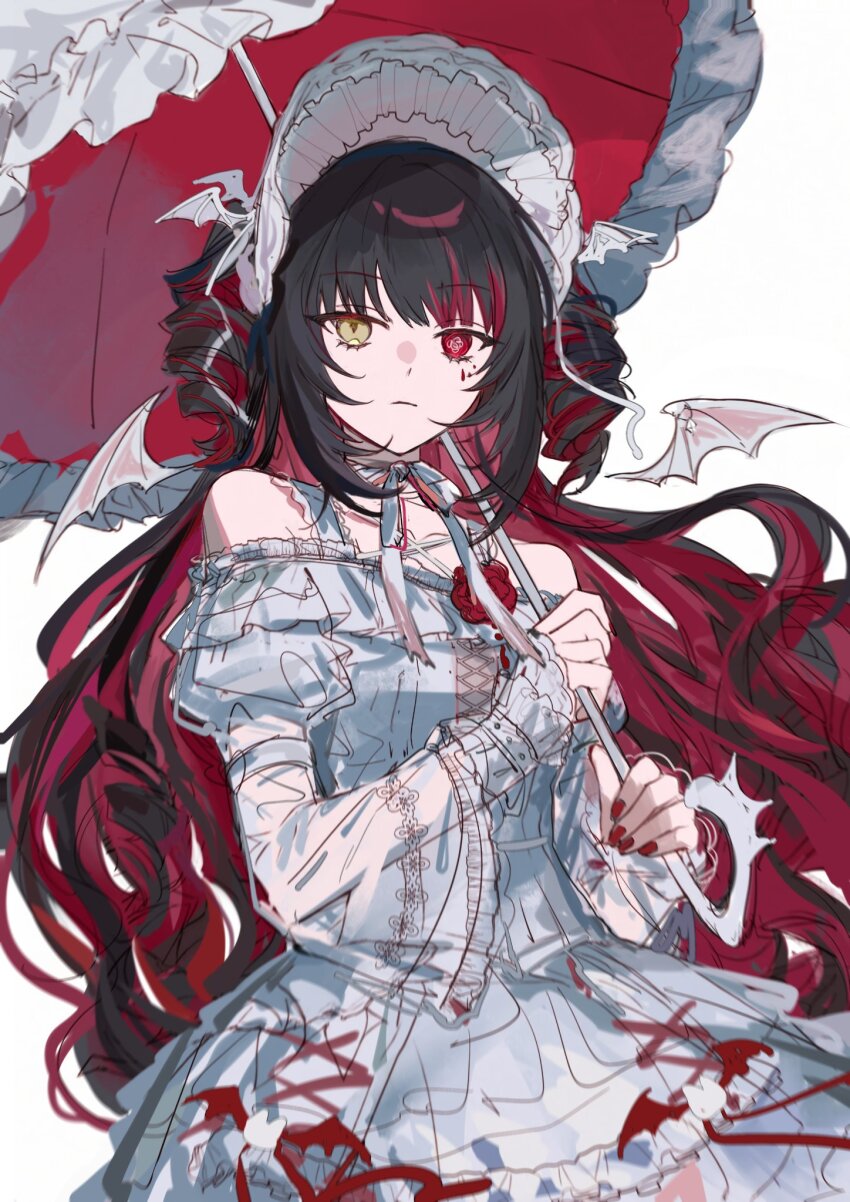 1girl bat_wings black_hair bonnet brown_eyes colored_inner_hair commentary dress drill_hair frilled_dress frills head_wings heterochromia highres holding holding_umbrella idolmaster idolmaster_shiny_colors idolmaster_shiny_colors_song_for_prism ikaruga_luca light_frown long_hair multicolored_hair nail_polish neck_ribbon off-shoulder_dress off_shoulder official_alternate_costume parasol raychelsoo red_eyes red_hair red_nails ribbon solo streaked_hair symbol-only_commentary twin_drills two-tone_hair two_side_up umbrella very_long_hair wavy_hair white_dress white_ribbon wings