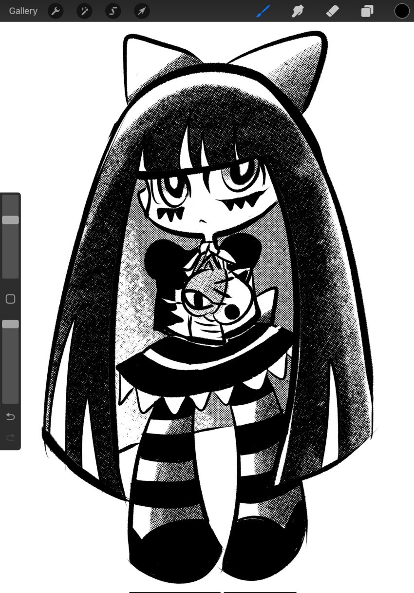 1girl art_program_in_frame blunt_bangs bow colored_inner_hair commentary corrupted_twitter_file doll dress facial_mark frown full_body greyscale hair_bow hashtag-only_commentary highres holding holding_doll juliet_sleeves long_hair long_sleeves monochrome multicolored_hair official_style panty_&amp;_stocking_with_garterbelt pantyhose procreate_(medium) puffy_sleeves short_dress solo stocking_(psg) striped_clothes striped_pantyhose stuffed_animal stuffed_cat stuffed_toy sukaru two-tone_hair very_long_hair