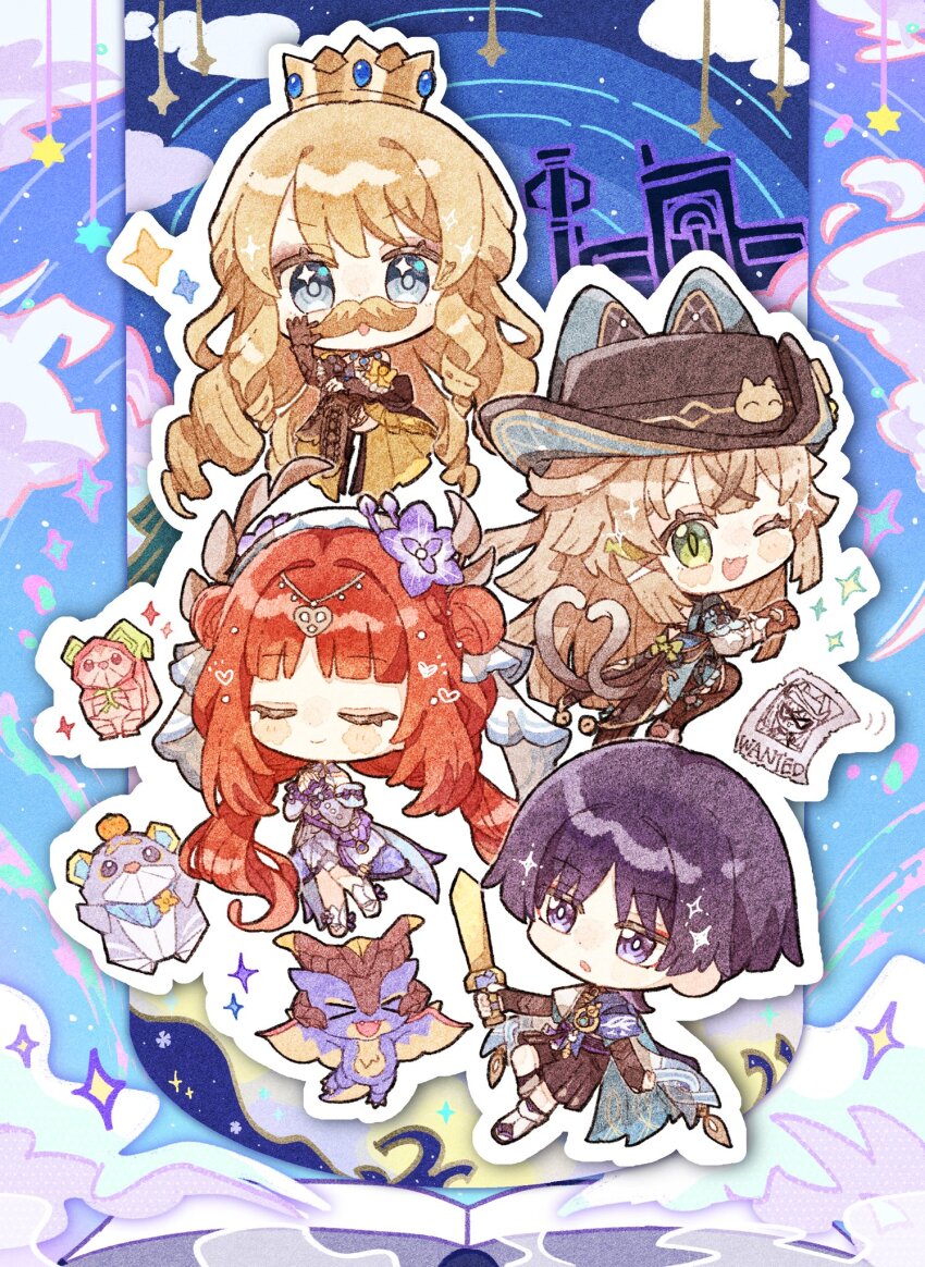 &gt;_&lt; 1boy 3girls :o animal_ears animal_hat armor bell belt black_belt black_bodysuit black_eyes black_eyeshadow black_gloves black_shorts black_socks black_thighhighs blonde_hair blue_cape blue_eyes blue_gemstone blunt_bangs blunt_ends bodysuit book bow bridal_gauntlets brown_footwear brown_gloves cape cat_ears cat_hat cat_hat_ornament cat_tail chibi circlet claws closed_eyes cloud coattails cross-laced_footwear crossed_bangs crossed_legs crown detached_sleeves double-parted_bangs double_bun dragon dragon_horns dragon_tail dragon_wings dress drill_hair drill_sidelocks elbow_gloves eyeshadow fang fangs feathers flower gem genshin_impact gloves gold gold_crown golden_sword green_eyes hair_bun hair_flower hair_intakes hair_ornament hakama hakama_shorts hamster hand_up hat heart highres holding holding_sword holding_weapon horns japanese_armor japanese_clothes jewelry kimono kirara_(genshin_impact) kirara_(phantom_in_boots)_(genshin_impact) kote kurokote laurel_crown layered_sleeves light_blush long_hair looking_at_viewer lotus low_twintails makeup mini_durin_(genshin_impact) multiple_girls multiple_horns multiple_tails navia_(genshin_impact) nekorune_(bukubuku_awai) nilou_(breeze_of_sabaa)_(genshin_impact) nilou_(genshin_impact) one_eye_closed open_hand open_mouth origami own_hands_clasped own_hands_together paper parted_bangs parted_lips paw_pose pom_pom_(clothes) purple_dress purple_flower purple_hair purple_sleeves quad_drills sandals scaramouche_(genshin_impact) short_sleeves shorts sidelocks skin_fang sky slit_pupils small_dragon smoke socks squirrel star_(symbol) sword tail tassel thighhighs thighlet toeless_footwear toeless_legwear toy twintails vision_(genshin_impact) wanderer_(genshin_impact) wanted_poster weapon white_kimono white_sleeves white_trim wings yellow_bow yellow_dress