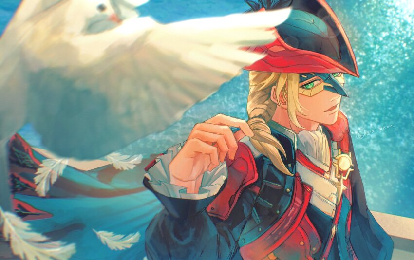 1boy ascot bird black_hat black_shirt blonde_hair cristoforo_(wuthering_waves) feathers frilled_shirt frills green_eyes hand_up hat highres male_focus mask open_mouth outdoors red_hat shirt side_ponytail solo two-tone_hat wa_me02 water wuthering_waves